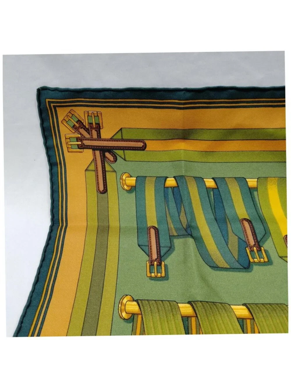 Authentic Hermès Les Sangles Carré 90 Silk Scarf Yellow Green